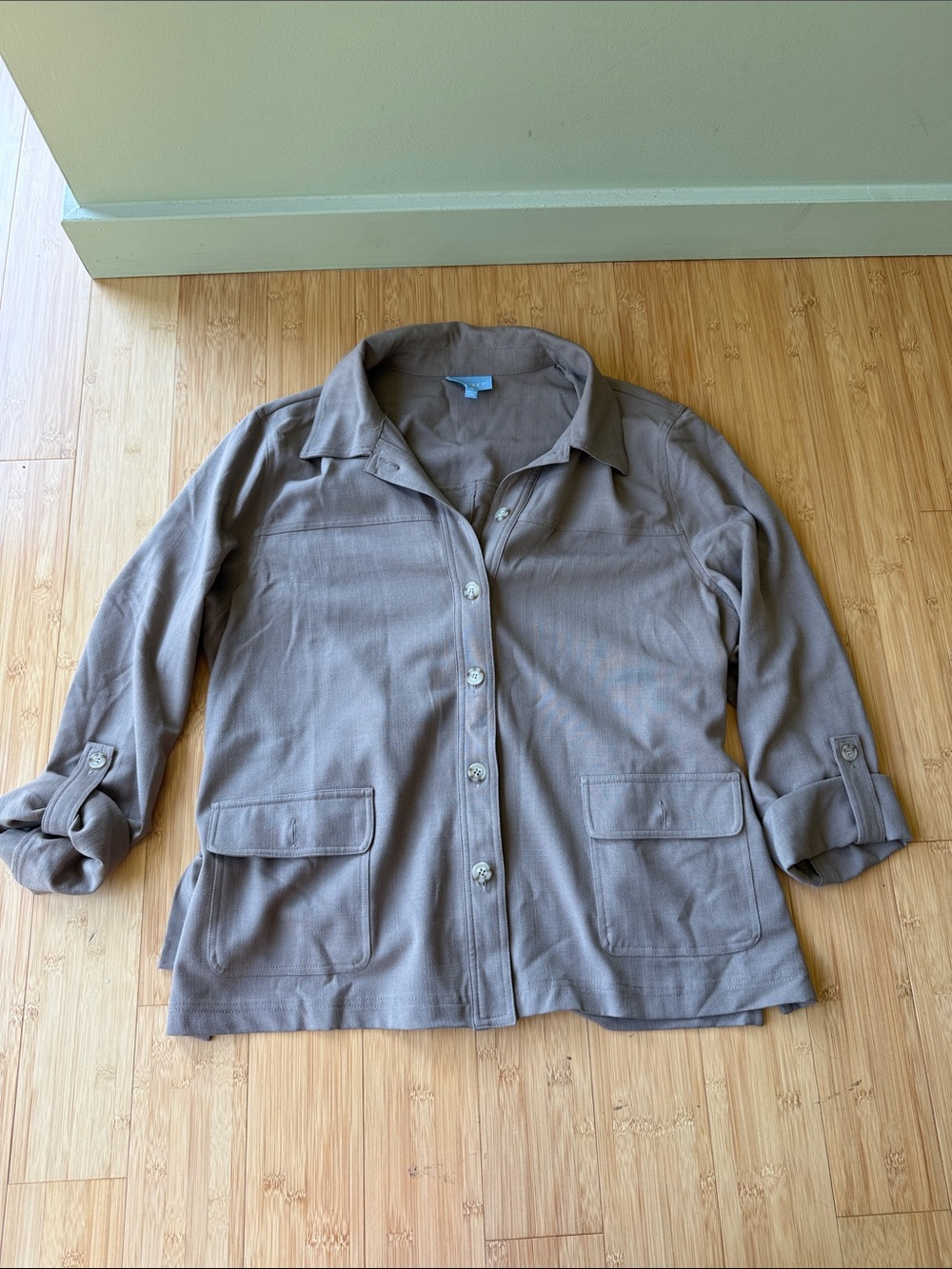 Koret vintage grey tan safari style overshirt buttons roll sleeves